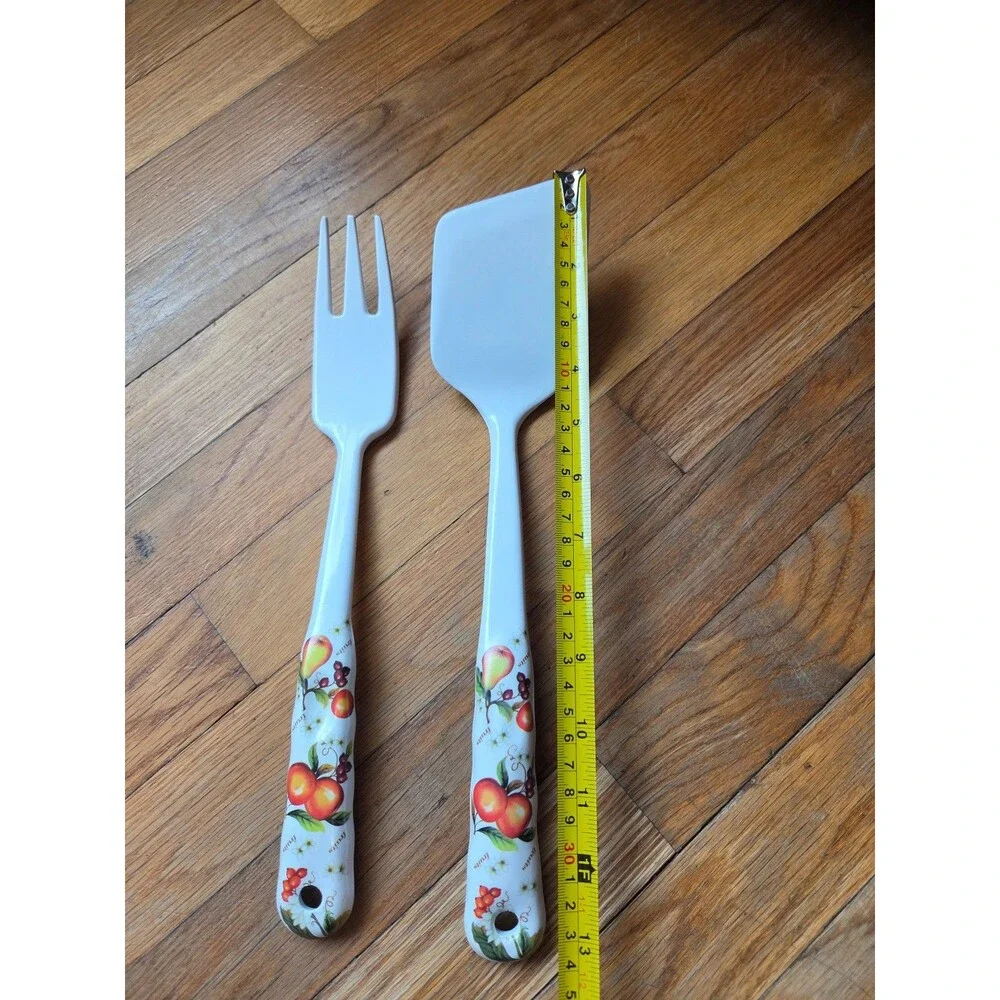Melamine wear white fruits print spatula and serving fork pair set